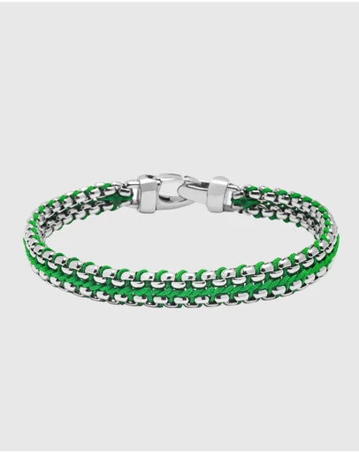 Nialaya Jewellery - Green Woven 8mm Box Chain Bracelet in Silver