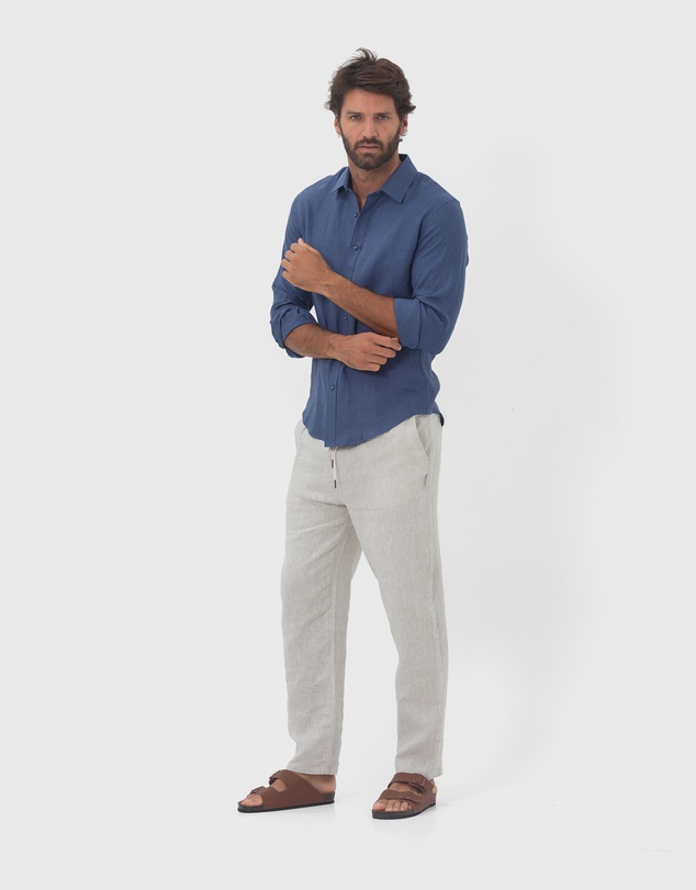 Coast Clothing - Long Sleeve Linen Shirt: Indigo Blue