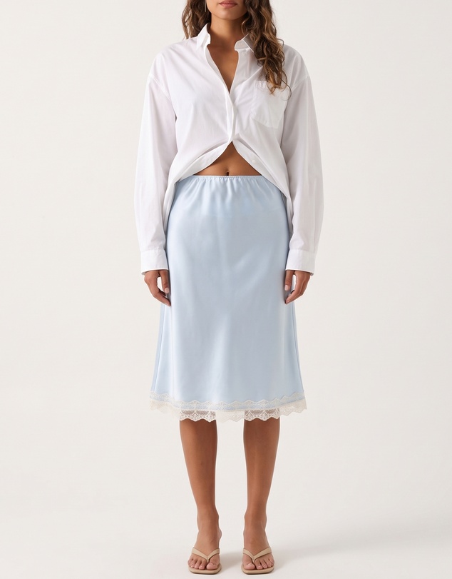 Atmos&Here - Lauren Satin Bias Knee Length Skirt With Lace Hem
