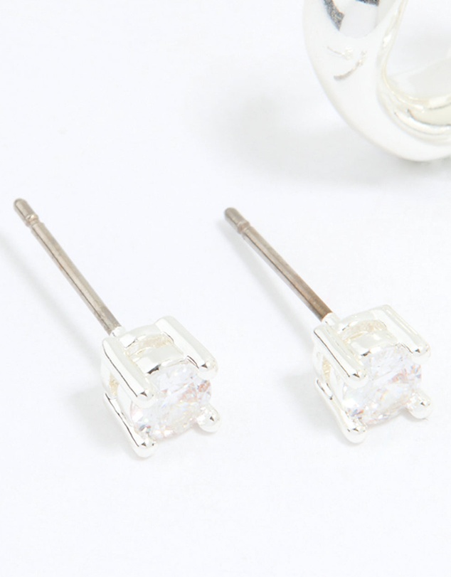 Lovisa - Silver Plated Brass Cubic Zirconia Baguette Hoops & Stud Earrings 4-Pack