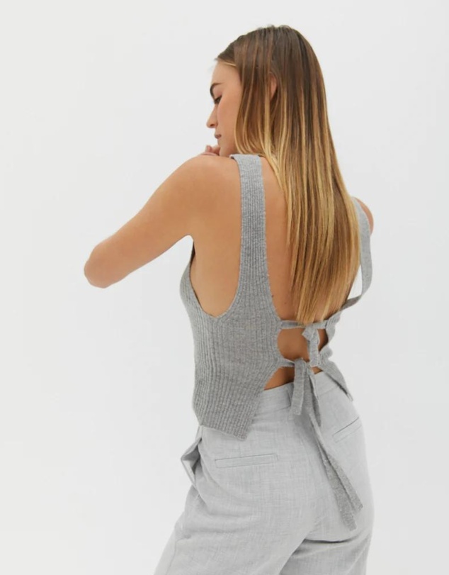 Style Addict - Mock Neck Tie Back Top - Grey