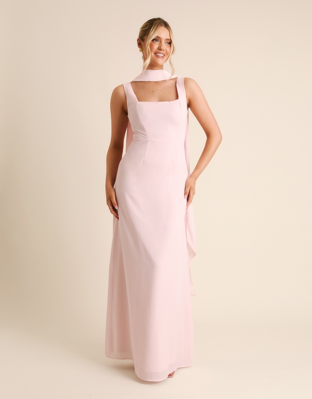 Six Stories - Square Neck Chiffon Bridesmaid Dress with Neck Scarf
