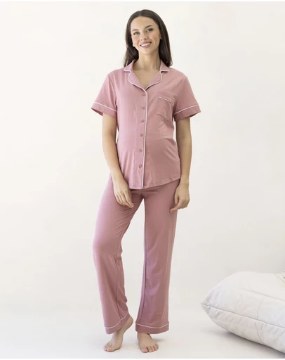 Angel Maternity - Maternity and Nursing Button Front Pajama Set in Pink