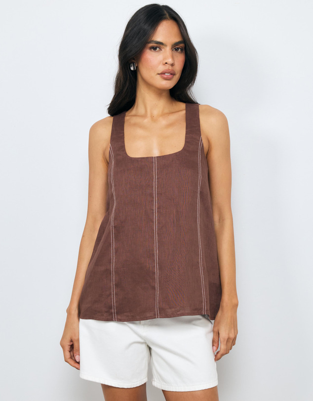 AERE - Maya Contrast Stitch Linen Top