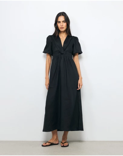 AERE - Ivy Puff Sleeve Linen Midi Dress