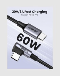 Ugreen - UGREEN 90 Degree Angle USB-C Male to USB-C Male 60W Braided Cable 2m