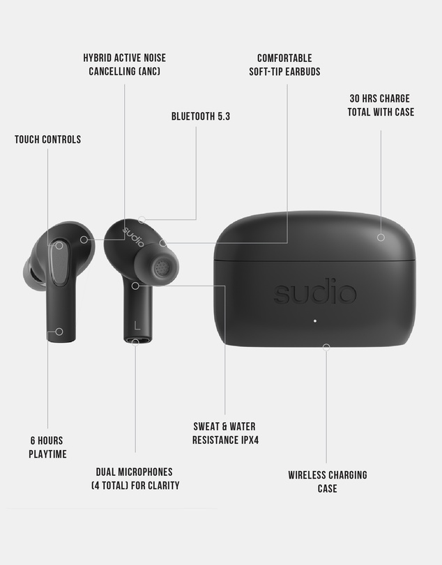 Sudio - E3 - True Wireless Bluetooth In-Ear Headphones, Hybrid ANC Earbuds, Spatial Sound, Vocal Clarity