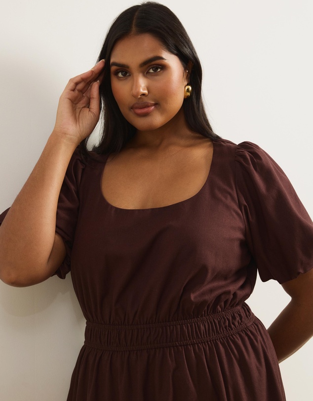 Atmos&Here Curvy - Linen Blend Puff Sleeve Maxi Dress