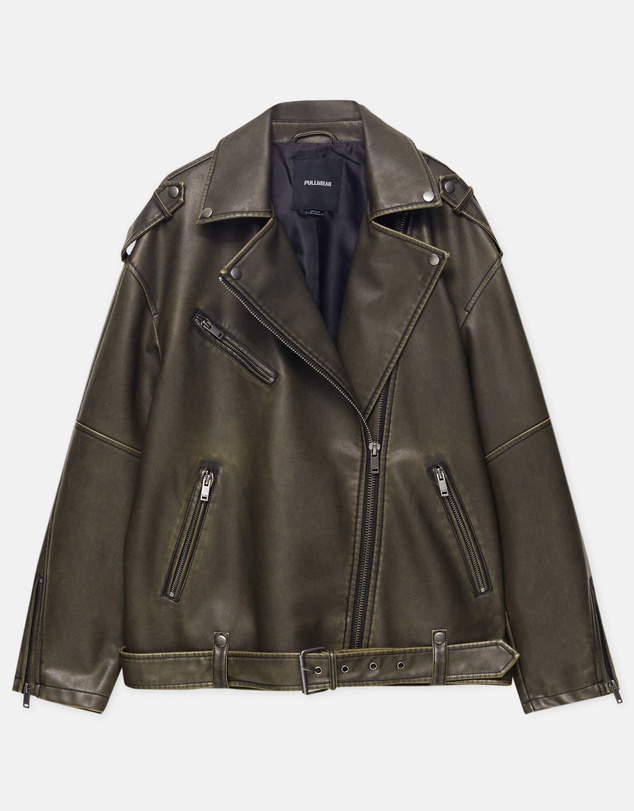 Pull&Bear - Distressed Faux Leather Biker Jacket
