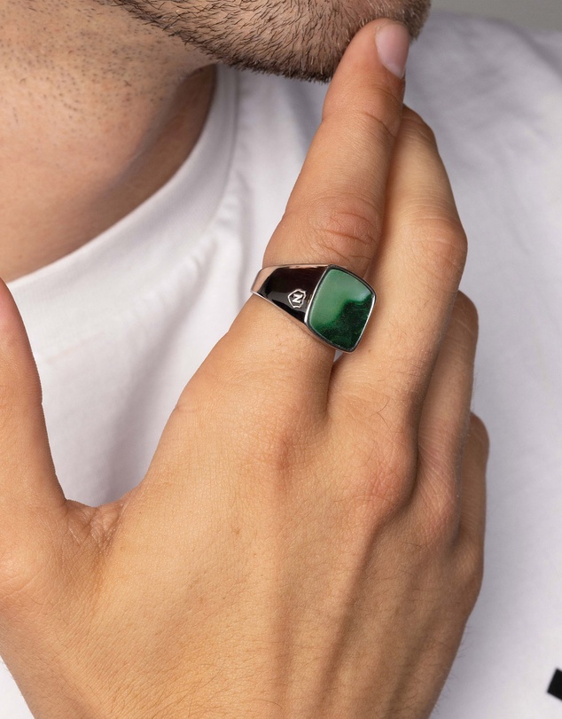 Nialaya Jewellery - Men's Silver Signet Ring with Green Jade