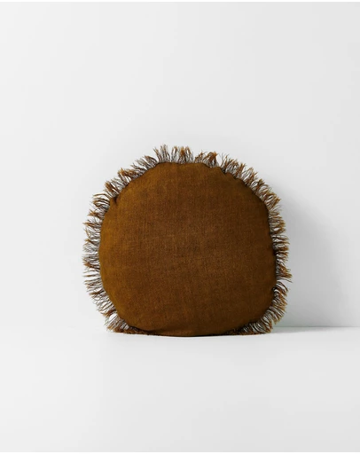 Aura Home - Vintage Linen Fringe Small Round Cushion