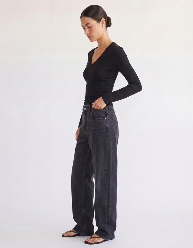 Style Addict - Margaux Deep V Henley Top - Black