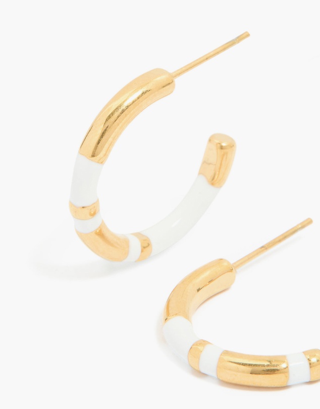 Lovisa - Waterproof Gold Plated Stainless Steel Small Stripe White Enamel Hoop Earrings
