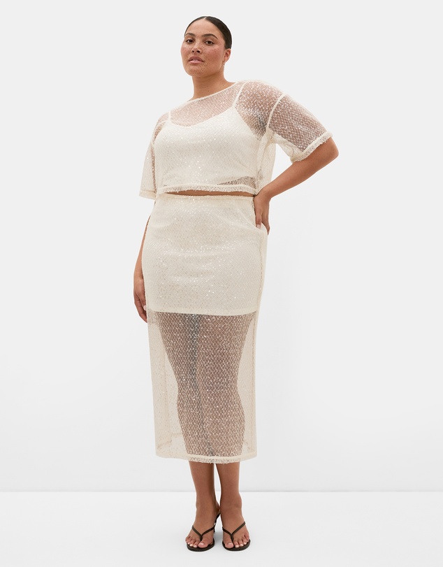 City Chic - Plus size Stardust Sequin Maxi Skirt - cream