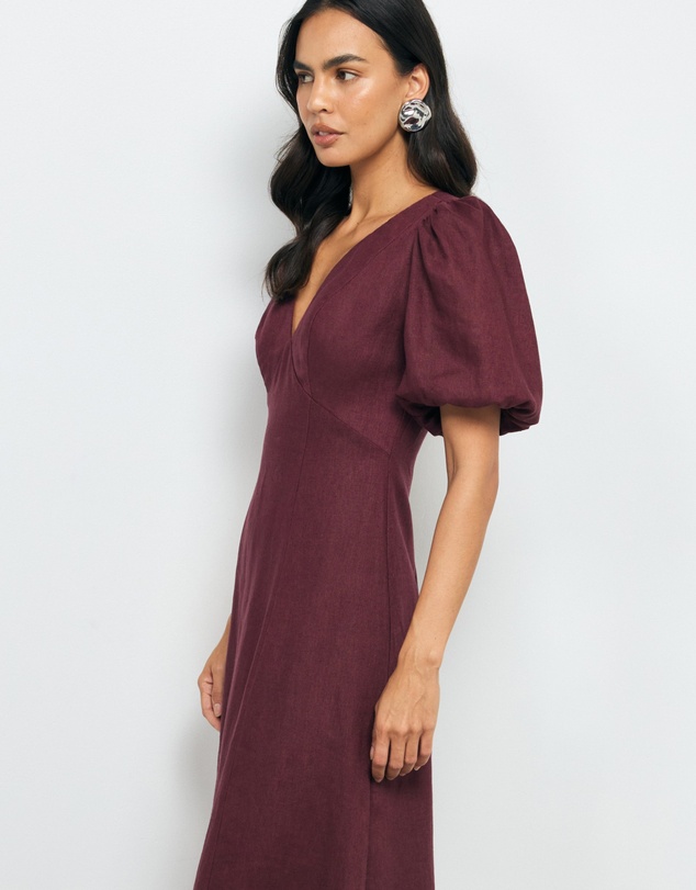 Revibe - Repaired AERE Lori Puff Sleeve Linen Midi Dress - AU 8