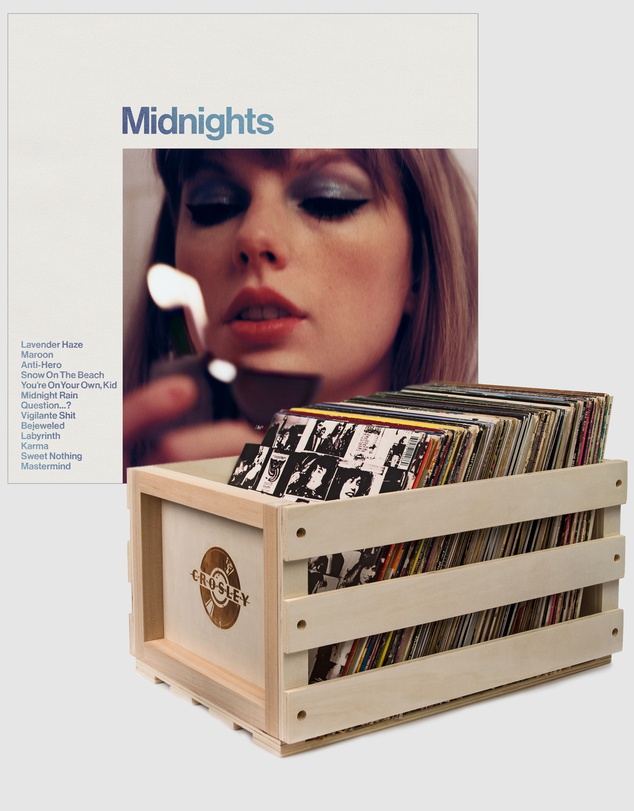 Universal Music - Crosley Record Storage Crate & Taylor Swift Midnights Vinyl Album Bundle Moonstone Blue