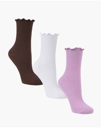Pussyfoot - 3 Pack Ribbed Frill Quarter Crew Socks Bamboo Cotton Circulation Friendly Comfort Top