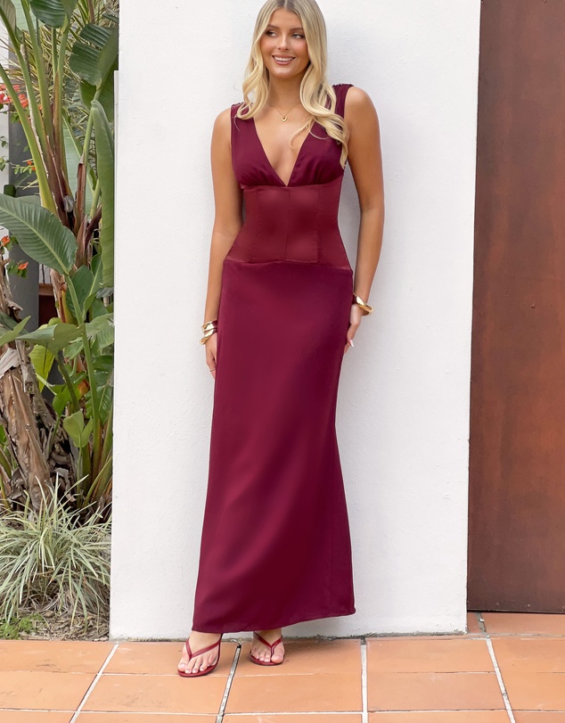 Beginning Boutique - Lara Burgundy Contrast Satin Maxi Dress