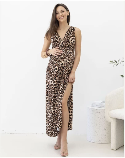 Angel Maternity - Irene Maxi Knot Front Maternity Dress - Animal Print
