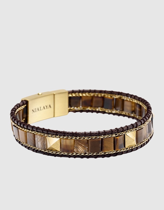Nialaya Jewellery - Brown Tiger Eye Stud Bracelet