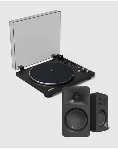 iWorld - Kanto OBI3 Turntable - Matte Black with Kanto ORA 100W Powered Speakers - Black Bundle