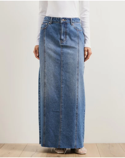 Atmos&Here - Straight Denim Maxi Skirt With Seam Detail