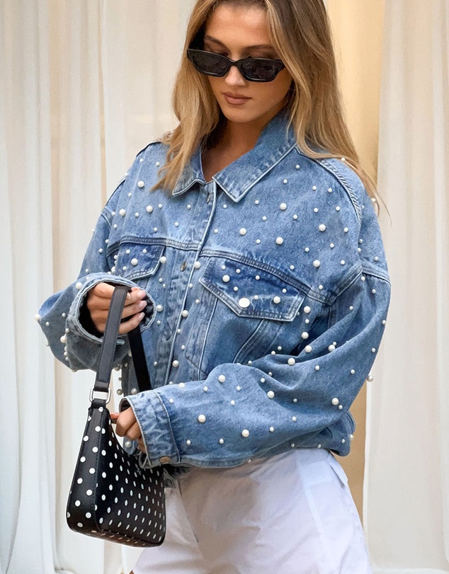 Beginning Boutique - Denim Dazzle Pearl Mid Wash Denim Jacket