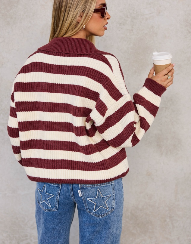 Beginning Boutique - Daze Burgundy Stripe Polo Knit Sweater