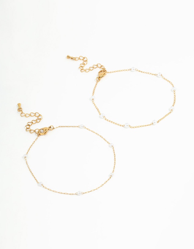 Lovisa - Waterproof Gold Plated Stainless Steel Station & Pearl Anklets 2-Pack