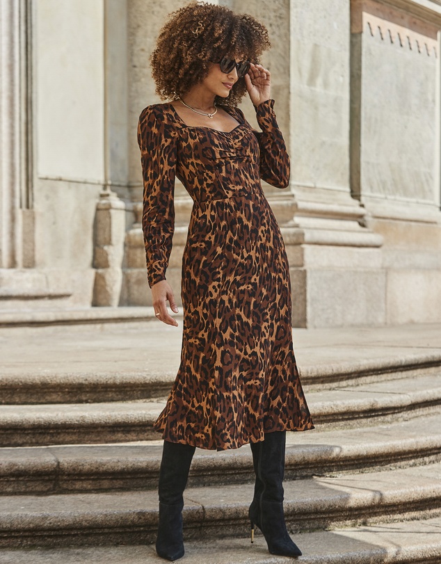 Sosandar - Leopard Print Tiered Hem Midi Dress