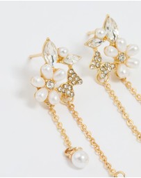Lovisa - Gold Plated Diamante Pearl Flower Chain Drop Earrings