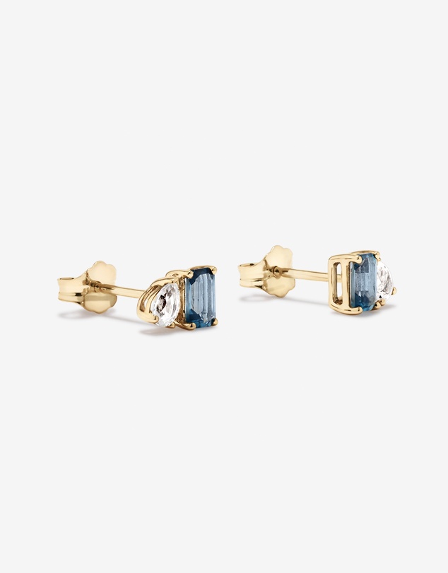 Michael Hill - Pear-Cut White Sapphire and Emerald-Cut London Blue Topaz Toi Et Moi  Earrings in 10kt Yellow Gold