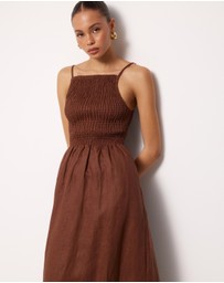 AERE - Olie Shirred Linen Midi Dress