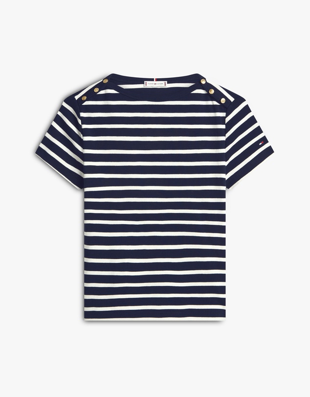 Tommy Hilfiger - Gold-Tone Button Slim Boat Neck T-Shirt