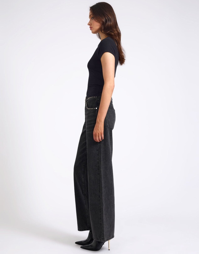 ONE TEASPOON - Jackson Mid Waist Wide Leg Studded Denim Jeans - Black