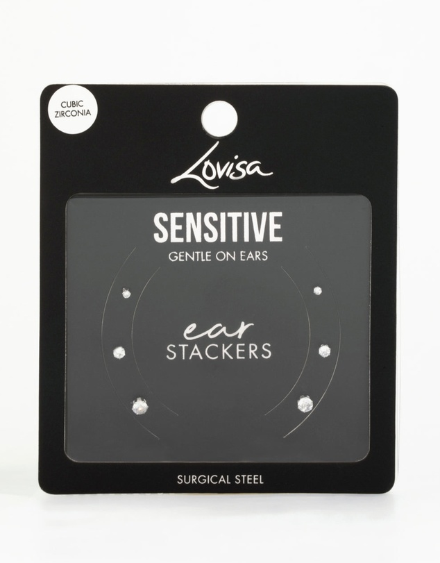 Lovisa - Surgical Steel Cubic Zirconia Stud Earrings 3-Pack