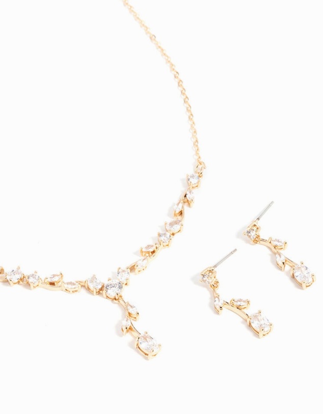 Lovisa - Gold Cubic Zirconia Flower Vine Necklace & Drop Earrings Set