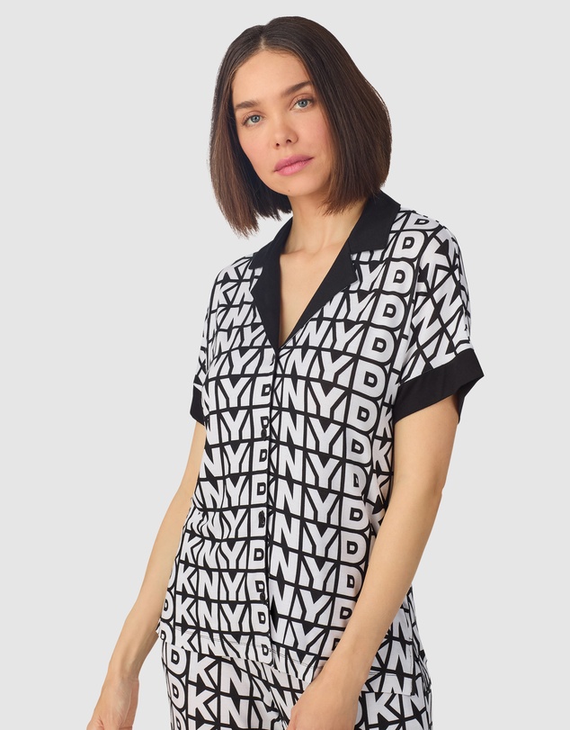DKNY - Logo Print Viscose Jersey Button Up Short Sleeve Long Pyjama Set
