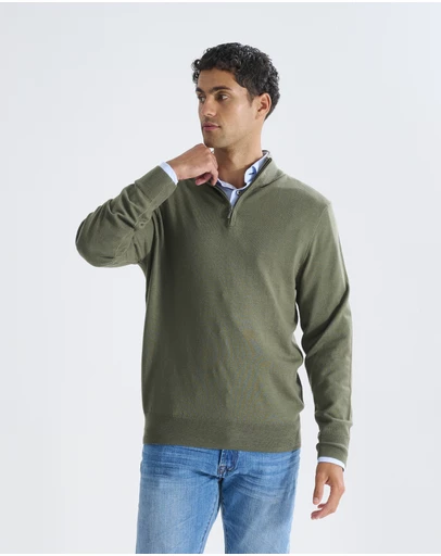 3 Wise Men - 3 Wise Men Harvey Zip Neck Merino Knit - Army Green