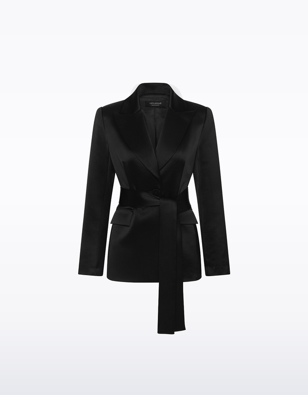 Carla Zampatti - Black Satin Acetate Tie Waist Blazer