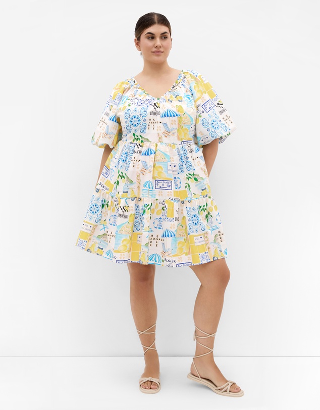City Chic - Plus Size Fantasy Amalfi Print Puff Sleeve Mini Dress - white