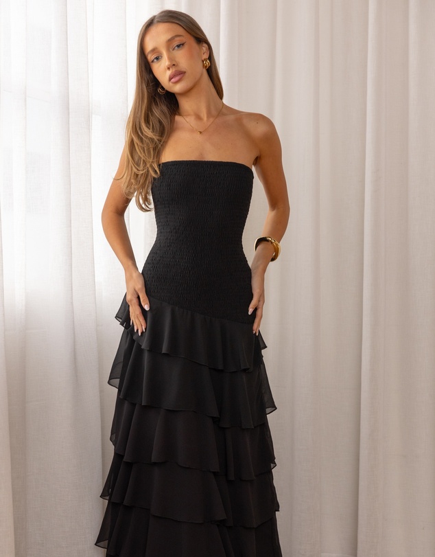 Beginning Boutique - Riles Black Strapless Ruffle Maxi Dress