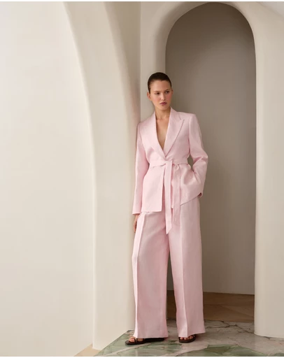 Trenery - Linen Herringbone Pleat Front Pant in Blossom Pink