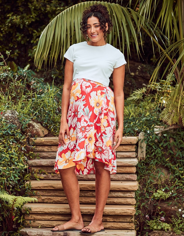 Angel Maternity - Christie Maternity Wrap Midi Skirt in Red Floral Print