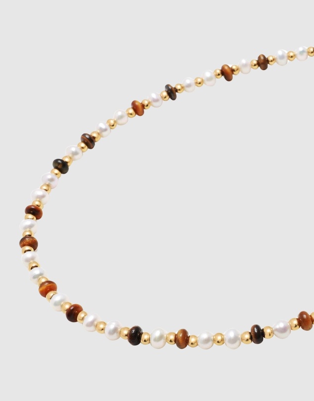 Nialaya Jewellery - Mini Beaded Choker with Pearls and Tiger Eye
