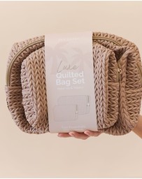 Sky Gazer - Luxe Quilted Make-Up & Toiletry Bag Set (Dark Beige)