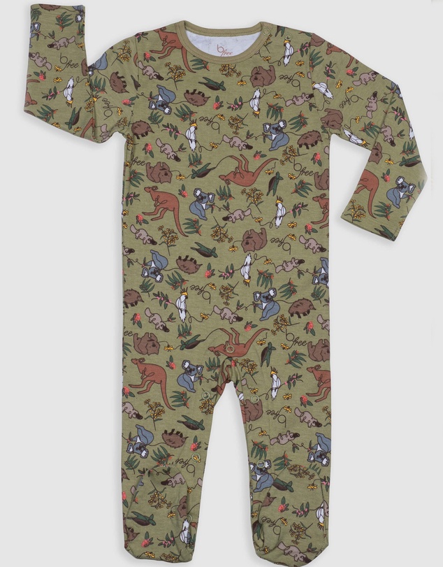 B Free Intimate Apparel - Baby Snap Button Sleepsuit with Booties - 100% Organic Cotton - Khaki Native Aussie Animals