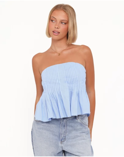 Petal & Pup - Cagnes Strapless Peplum Top - Blue
