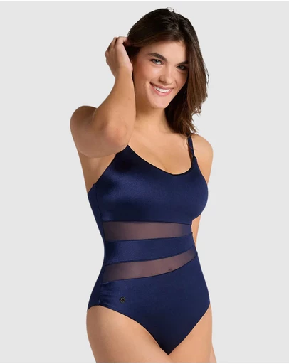 Leonisa - Padded One-Piece Shaping Swimsuit with Mesh Stripes
