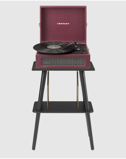 Crosley - Crosley Voyager Bluetooth Portable Turntable + Entertainment Stand Bundle - Burgundy